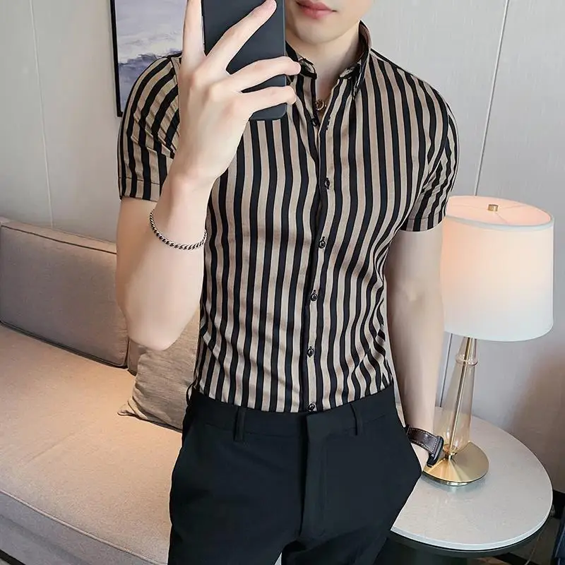 

Men's Striped Short Sleeve Shirt Summer Slim Fit Casual Button Down Collar London Style Streetwear Top