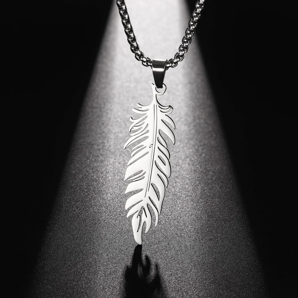 Trend Stainless Steel Feather Pendant Necklace Charm Men\'s Necklace New Fashion Hip Hop Punk Jewelry Accessories Gift Wholesale