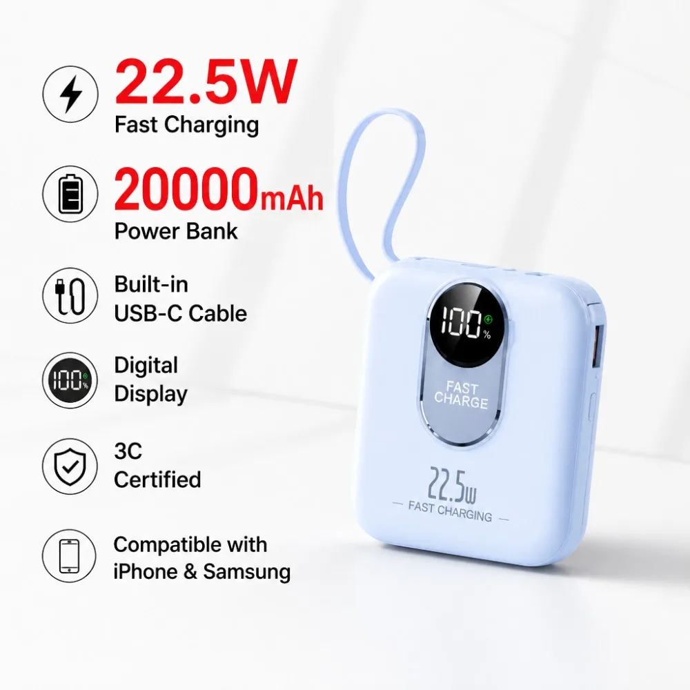 22.5W Fast Charging 20000mAh Power Bank Built-in USB-C Cable Digital Display 3C Certified Portable Charger for iPhone Samsung