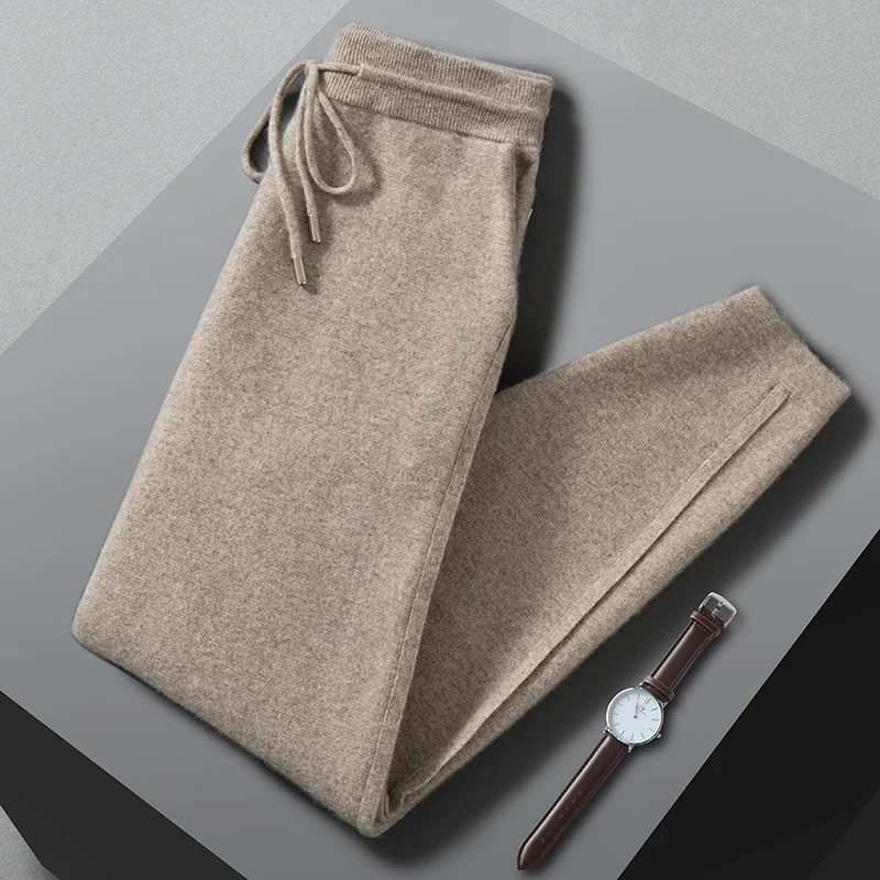 100% high-quality cashmere men's small leg pants, autumn and winter thick knitted pants, soft and warm business casual pants
