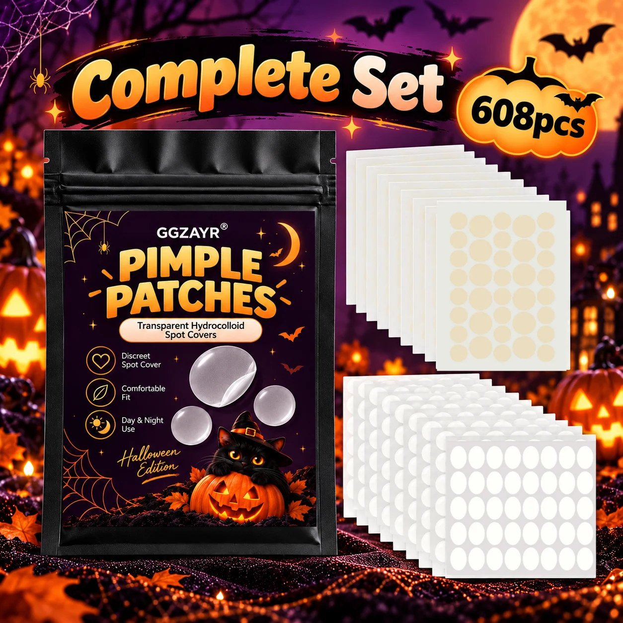 608PCS Halloween Edition Pimple Patch Stickers, Transparent Hydrocolloid Spot Cover Set, Cute Beauty Accessories for Party Seaso - view 6