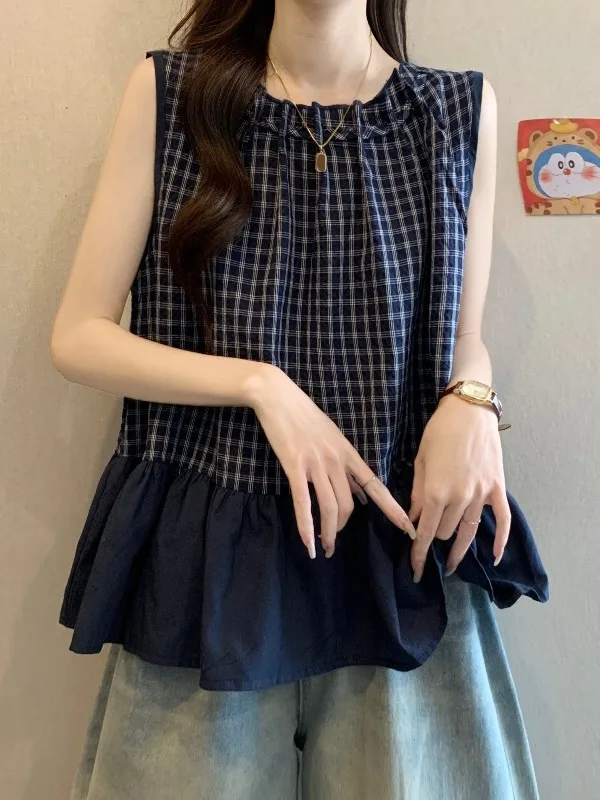 Colete Solto Feminino Xadrez Azul com Alças, Roupa de Verão Plus Size para Mulheres Gordinhas, Top Fofo de Renda Estilo Boneca, Comprimento Regular para o Dia a Dia