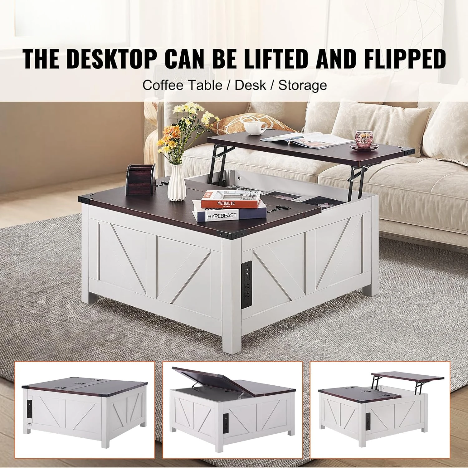 36" Farmhouse Coffee Table, Hinged Lift Top Square Coffee Table with Built-in Power Strip, Wooden Rustic Cocktail Table for