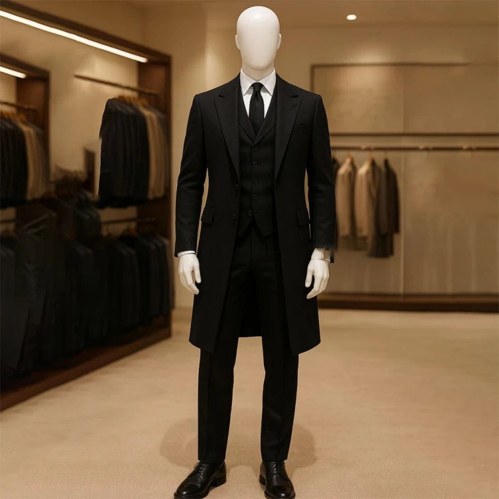 

Мужские черные костюмы 2026: Роскошный длинный пиджак, формальный однобортный пиджак с острыми лацканами, комплект из 3 предметов (пиджак, брюки, жилет), индивидуальный пошив, мужская одежда