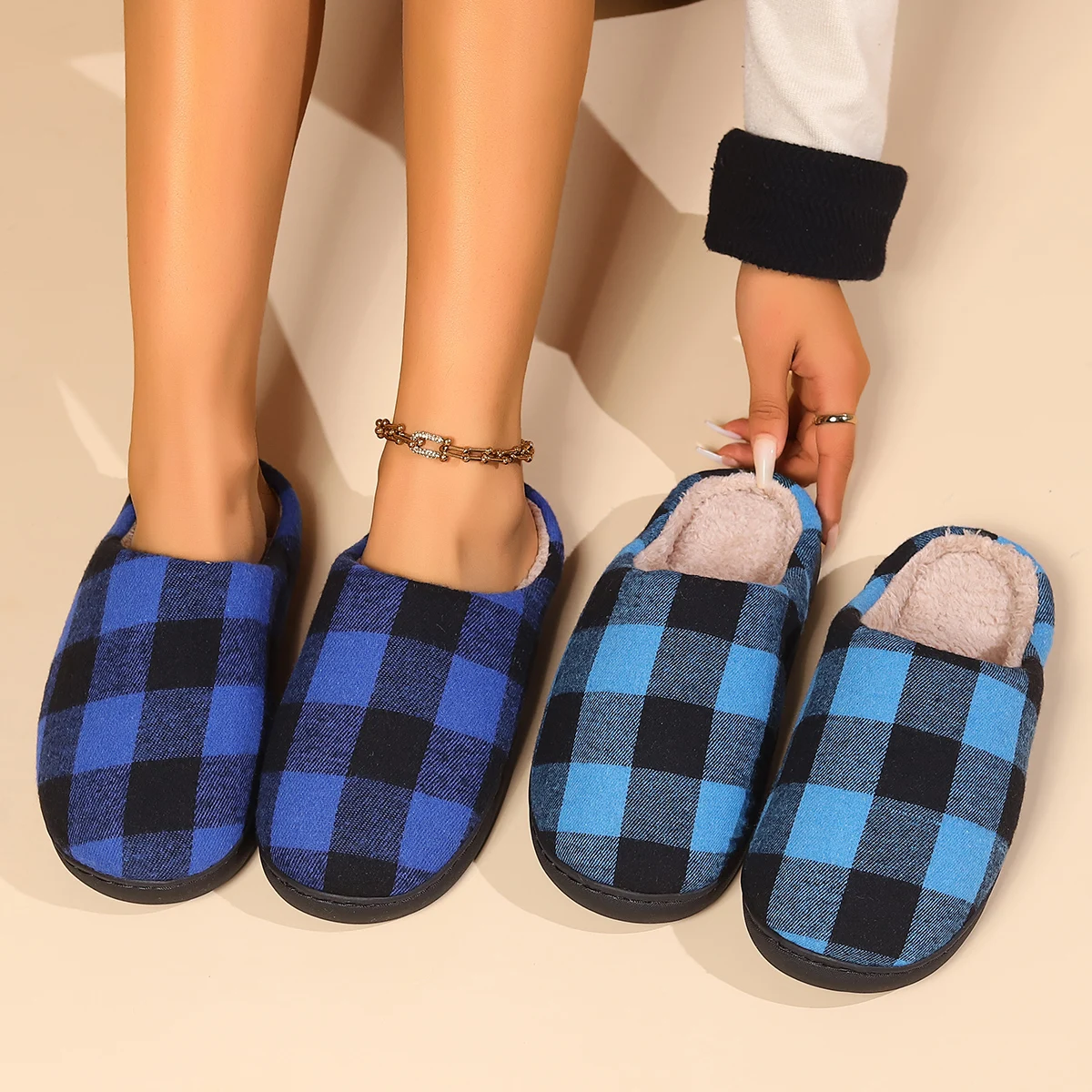 Classic Women Black Red Plaid Cotton Slippers Non-slip Winter Checkered Retro Christmas Gift Indoor Slides Home Cotton Shoes