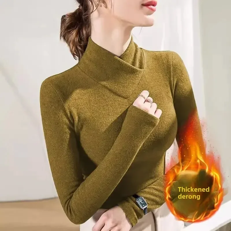 

Hot Sale Of The Season New Women's Fleece Lined Thickened Long Sleeve Turtleneck Autumn Winter Double Sided Velvet Base Shirt Wa