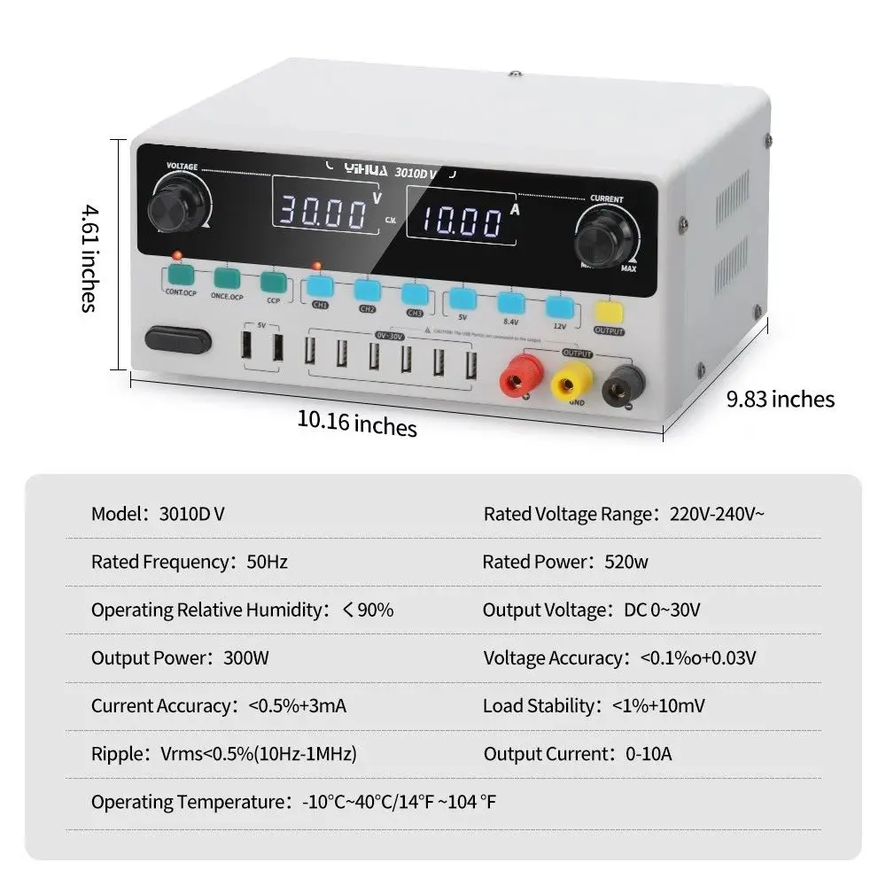 

3010D-V 300W Linear Bench PSU 30V 10A w/ 4 Digital Displays & 6 USB Ports for Lab Repair Tool