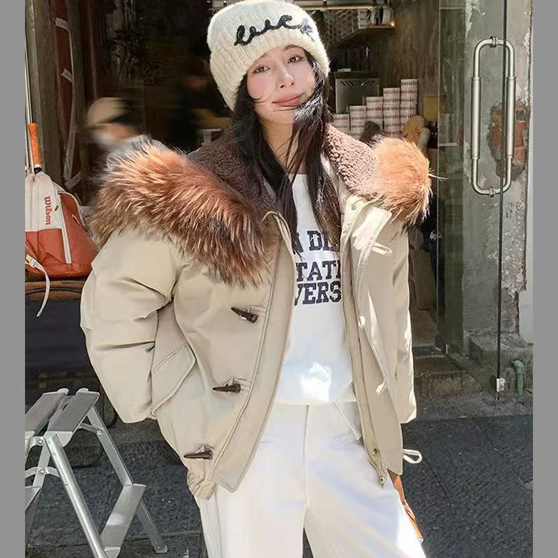 

2025 New Winter Jackets Horn Button Velvet Hooded Big Fur Collar Cotton Padded Coats Loose Women's Parkas Long Sleeve Thick Coat