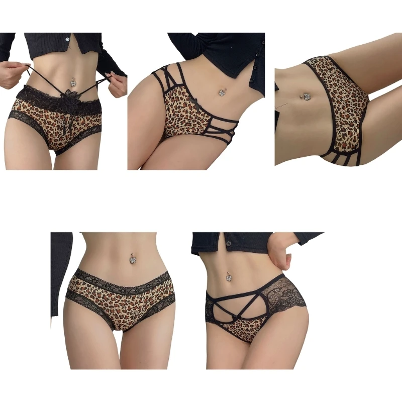 Fashionable Womens Leopard Print Contrast Lace Panties Nylon Middle Rise Briefs Cut Out Strappy Lingerie Thong Underwear