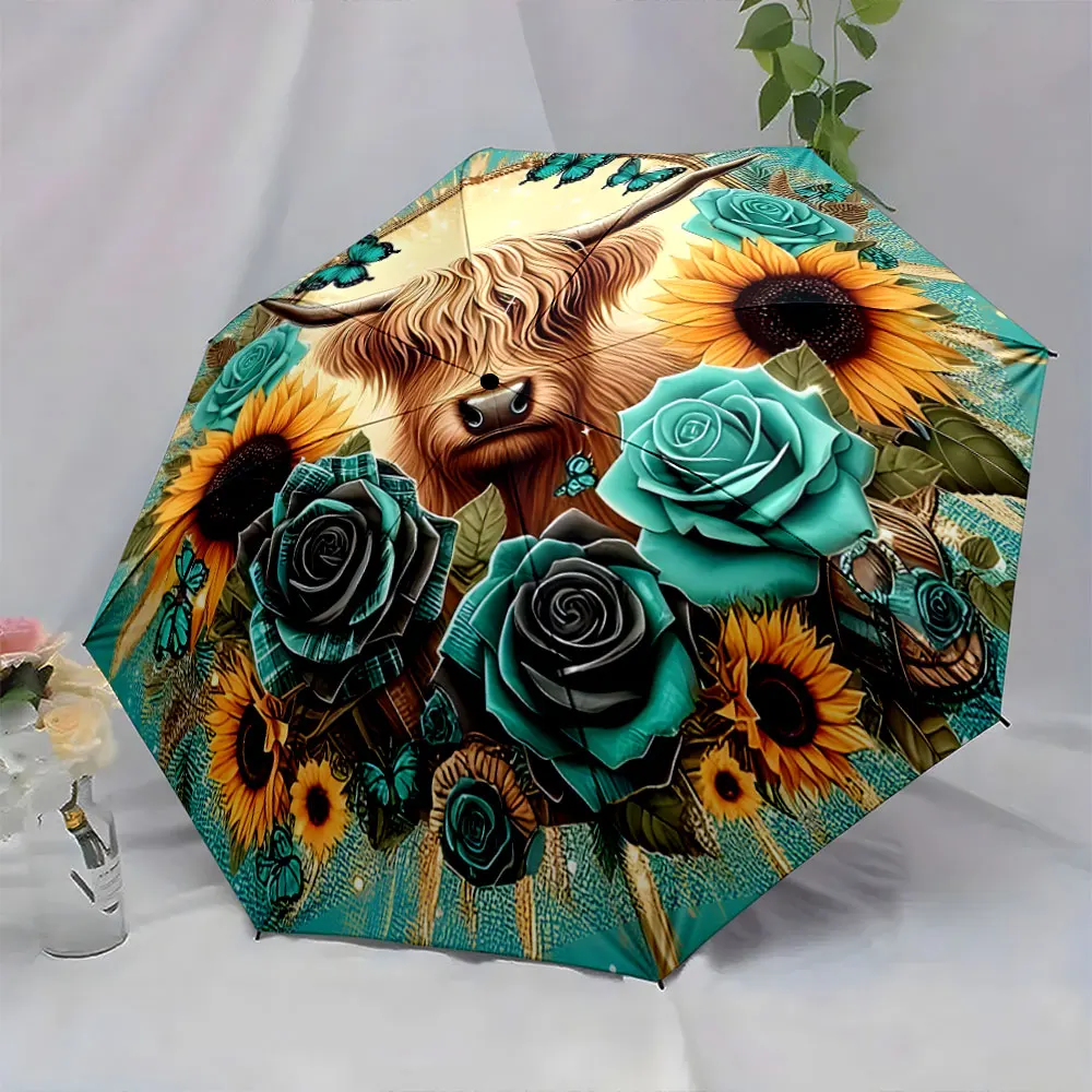 1PC Whimsical Cow Design Umbrella with Flowers and Butterflies Print 8 Iron Ribs Folding Umbrella Auto-Open Fashion Sunshade