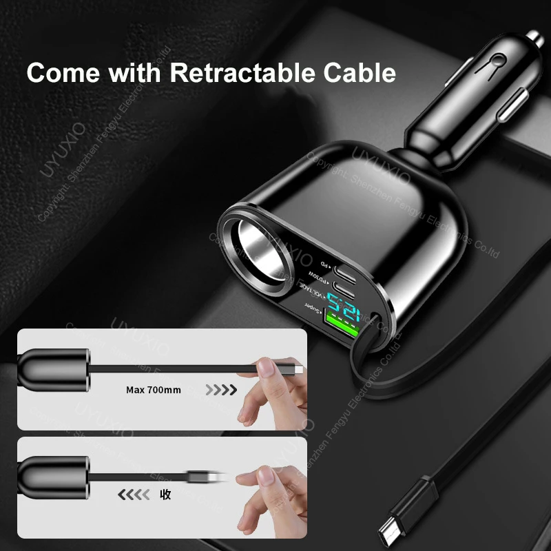 UYUXIO USB C Car Charger Adapter Dual PD 30W with Voltage Display Retractable Cable Multi Port Super Fast for iPhone 16 Samsung