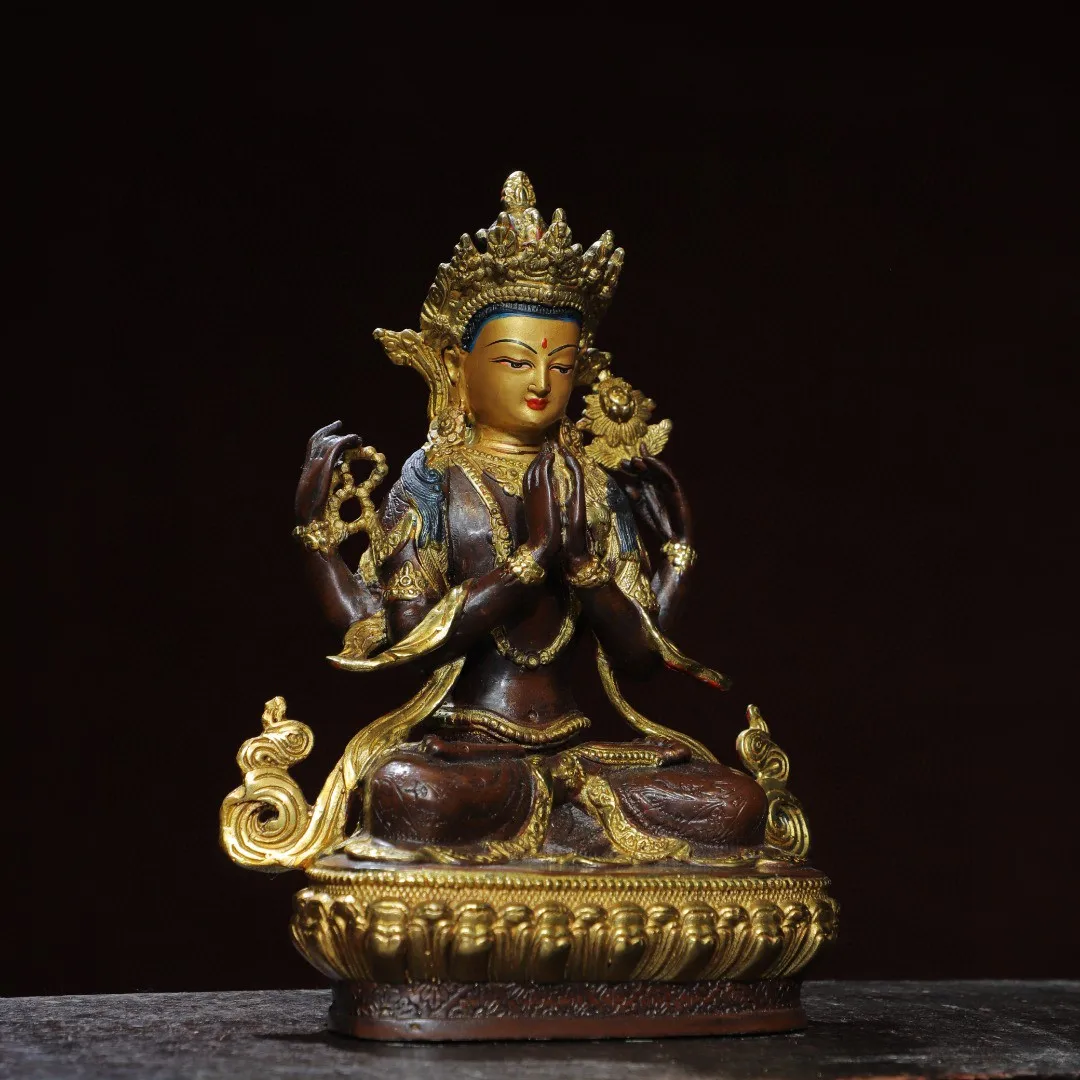 Tibetan brass gilt painted face four arms Guanyin Bodhisattva Tara Home Buddhist Hall supplies 22cm Chinese ornaments