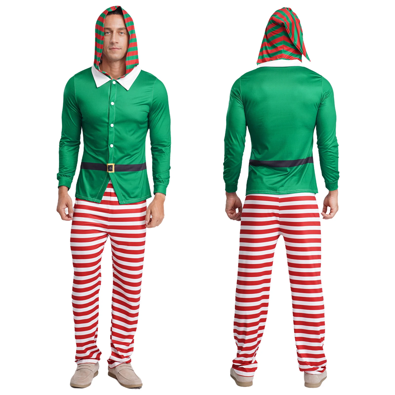 رجل عيد الميلاد قزم منامة حزب تأثيري حلي طويلة الأكمام مقنعين أعلى + سروال مخطط مجموعة لعيد الميلاد عطلة حفلة عشية جمع