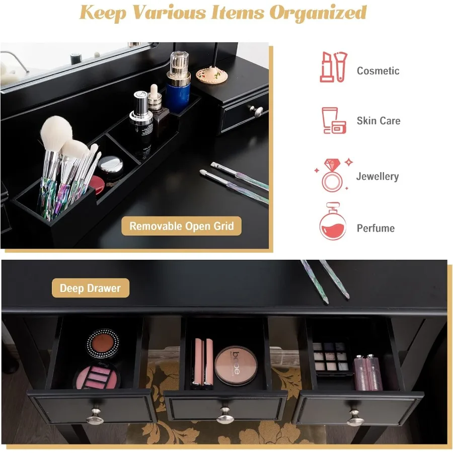 COSTWAY Juego de tocador con espejo y taburete acolchado con 5 cajones de almacenamiento, elegante tocador de maquillaje para dormitorio U