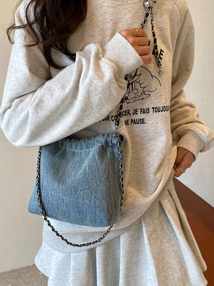 Denim Chain Bucket Bag Shoudler Crossbody Bag for Women Handbag and Purses 2024 New Trendy Lady‘s Messenger Clutches Bag