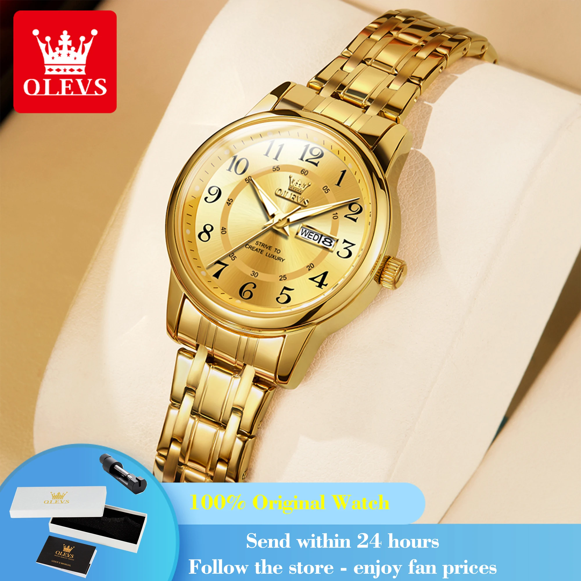 OLEVS 2891 Woman Watch Number Scale Classic Quartz Watch For Women Waterproof Week Calendar Stainless Steel Ladies Wristwatch