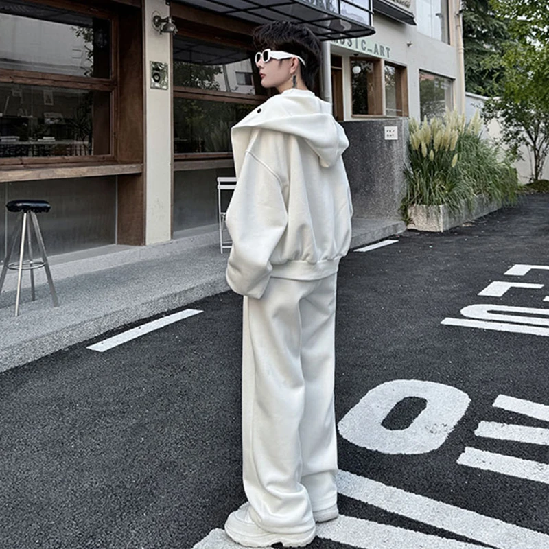 LUZHEN Original Street Two-piece Sets Solid Color Shawl Decorate Hoodies Pullover Men Trendy Baggy Straight Casual Pants JY4529