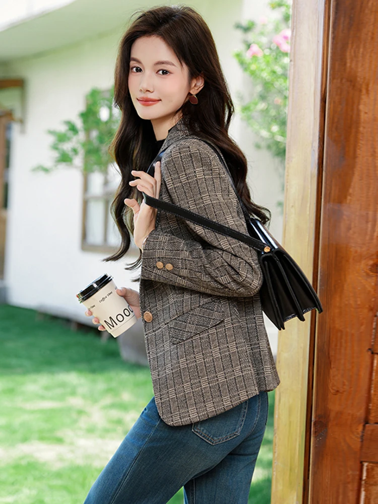 Fashionable Casual Women's  Jacket Small Size 2026 New Autumn High-End Plaid Long Sleeve One Button Closure Commute Style