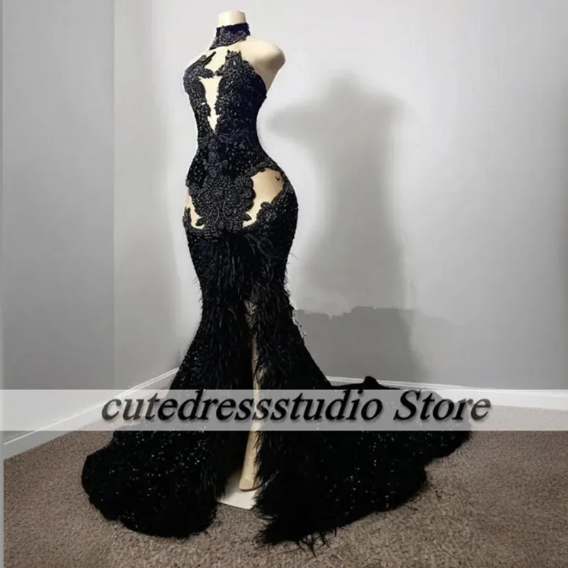 Sparkly Black Prom Dresses Crystal Beaded Feather Sequin Slit Evening Gowns For Women Occasion Party Dress Customized