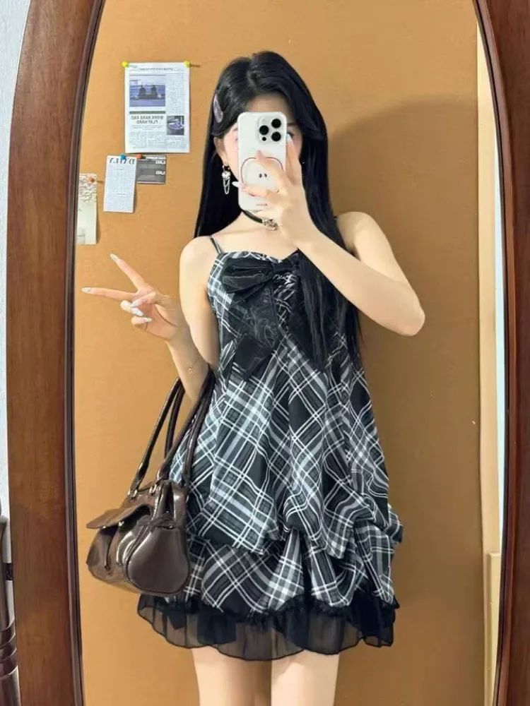 Neue Japanische Vintage Stil Strap Kleid Frauen Koreanische Mode Schwarz Spitze Cami Kleider Sommer Süße Patchwork Neue Einteiliges Kleid