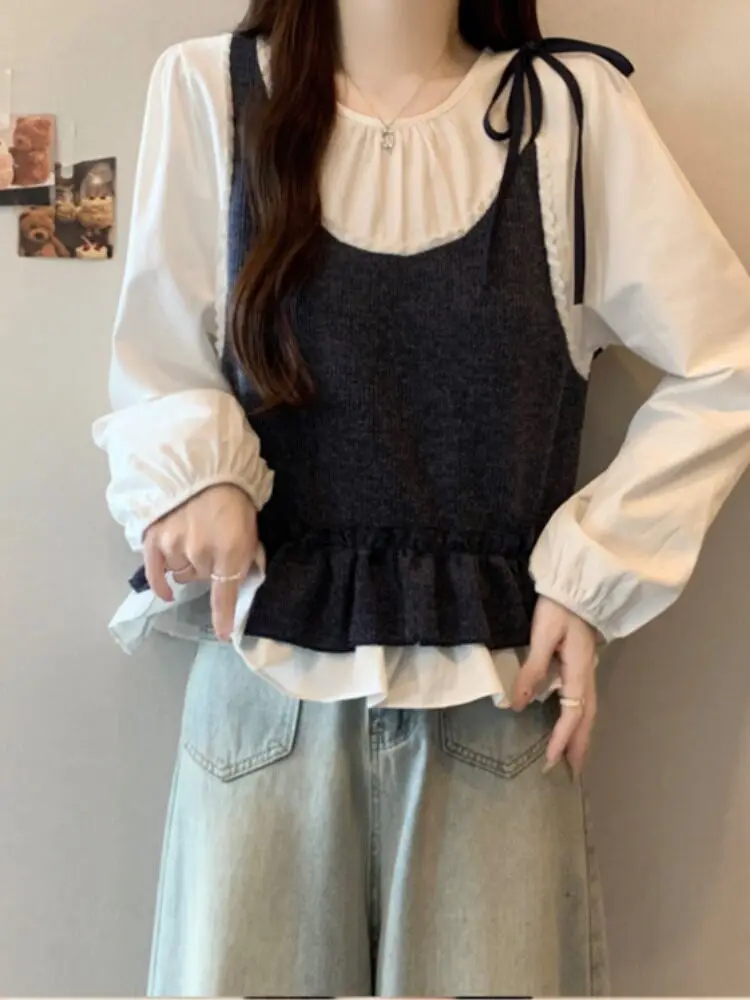 

French Sle Waist-Cinching Fake Two-Piece irt Women's plus Size Innerwear Outerwear Wooden Doll irt Top