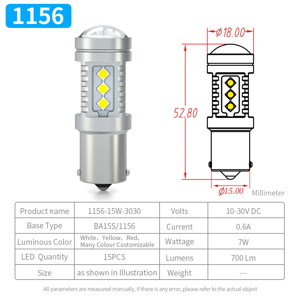 1PCS 1156 P21W BA15S 3030-15smd Len 1157 BAY15D BA15D 6000K 7W 10-30V Led Car Bulb Auto Lamp Reverse Rear Light White Red Yellow