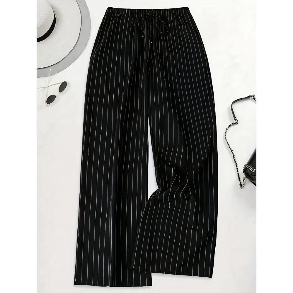 Plus Size 1XL-5XL Women's Fashion Stripe Print Pants Ladies Casul Comfortable Drawstring Waist Elastic Loose Pants