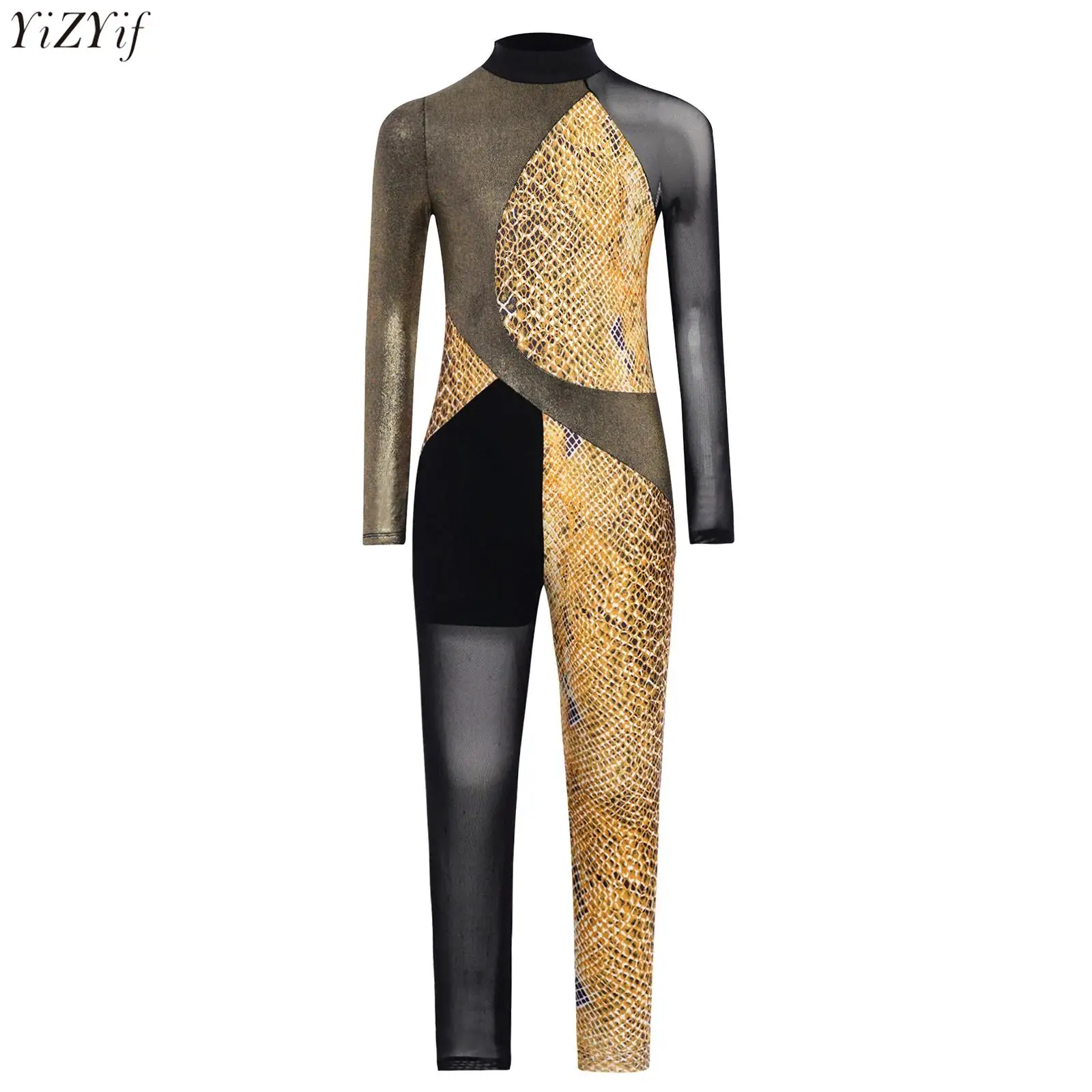 

Kids Girls Asymmetrical Gymnastics Jumpsuit Metallic Snakeskin Color Block Sheer Mesh Splice Long Sleeve Ballet Dance Bodysuit