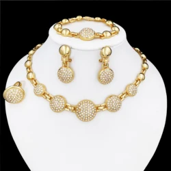 Classic Design Round Women Necklace Set Earrings Bracelet And Ring High Quality 18K Gold Plated Jewelry Set Wedding Party Gift