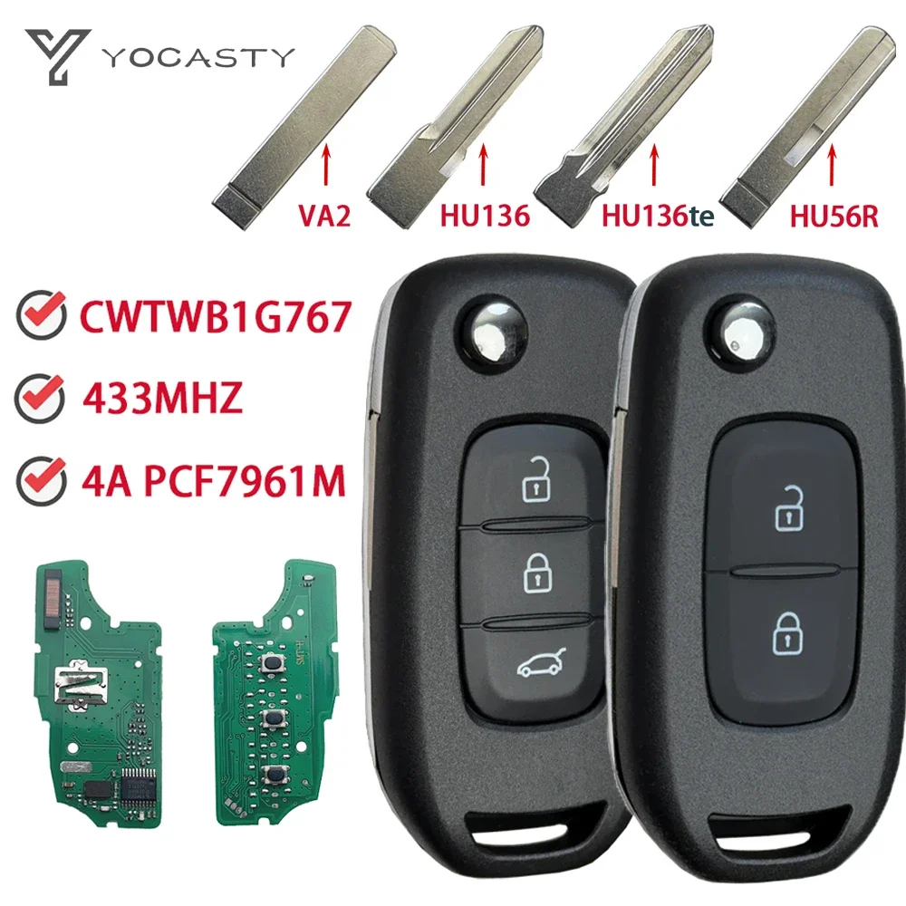 YOCASTY-Clé de voiture à rabat intelligente, CWTWB1G767, Renault Kadjar Captur Megane3 Symdangers Dacia Duster Logan2, puce 4A, 433 Z successive, PCF7961M