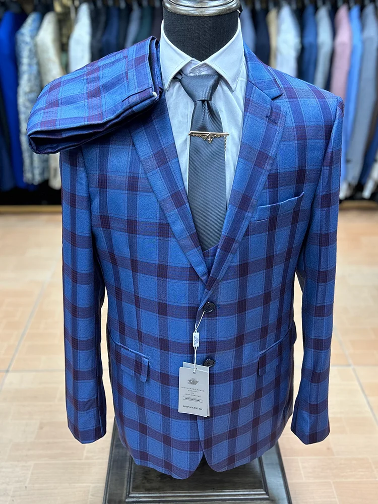 Fato Homem Traje A Cuadros Azul De Tres Piezas Con Zapatos Monk