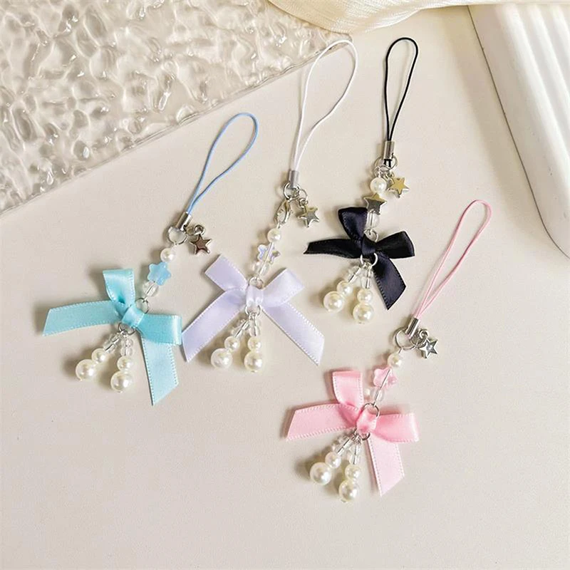 Cute Bow Pearl Mobile Phone Chain Y2K Sweet Girly Heart Phone Lanyard Headphone Case Charms Strap Bag Keychain Pendant Accessory