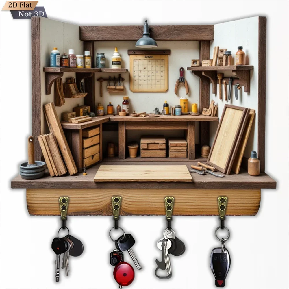 2D Flat, 1pc, Retro Solid Wood Key Hook, Wooden Multifunctional Home House Key Hook, with Four Metal Hooks, Wall Decoration,