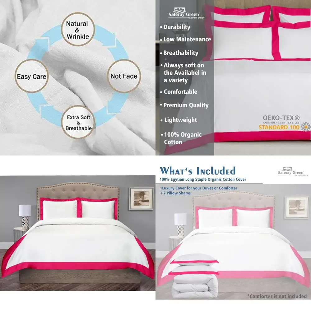 

Роскошный комплект двухцветного пододеяльника из 3 предметов — органический хлопок 850TC, полный размер 82x86, можно стирать в машине, белый и ярко-розовый