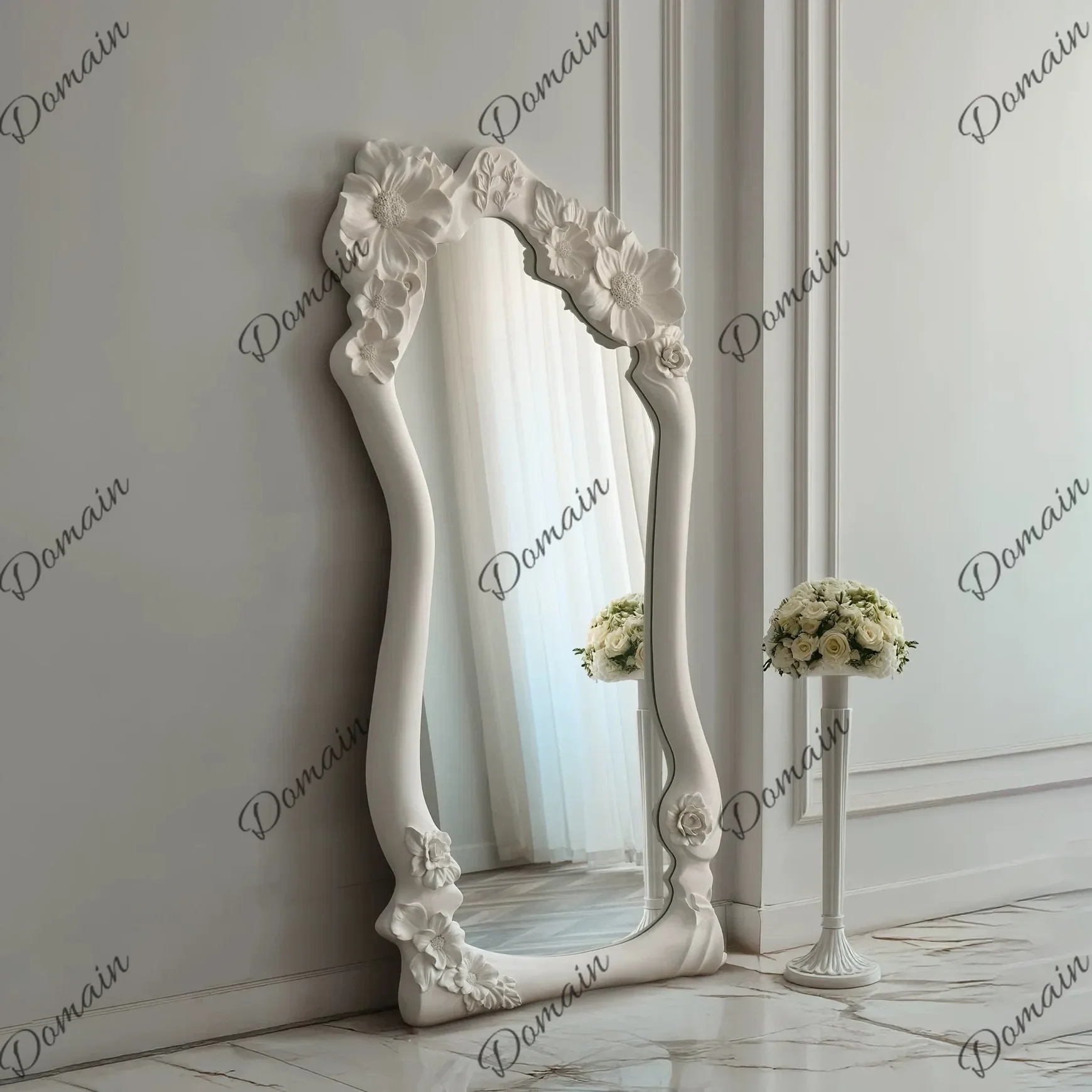 X46 French Carved Full-length Mirror, Bedroom Coat Rack, Fitting Mirror, Wall Hanging On The Wall, White Flower Decorated Mirror