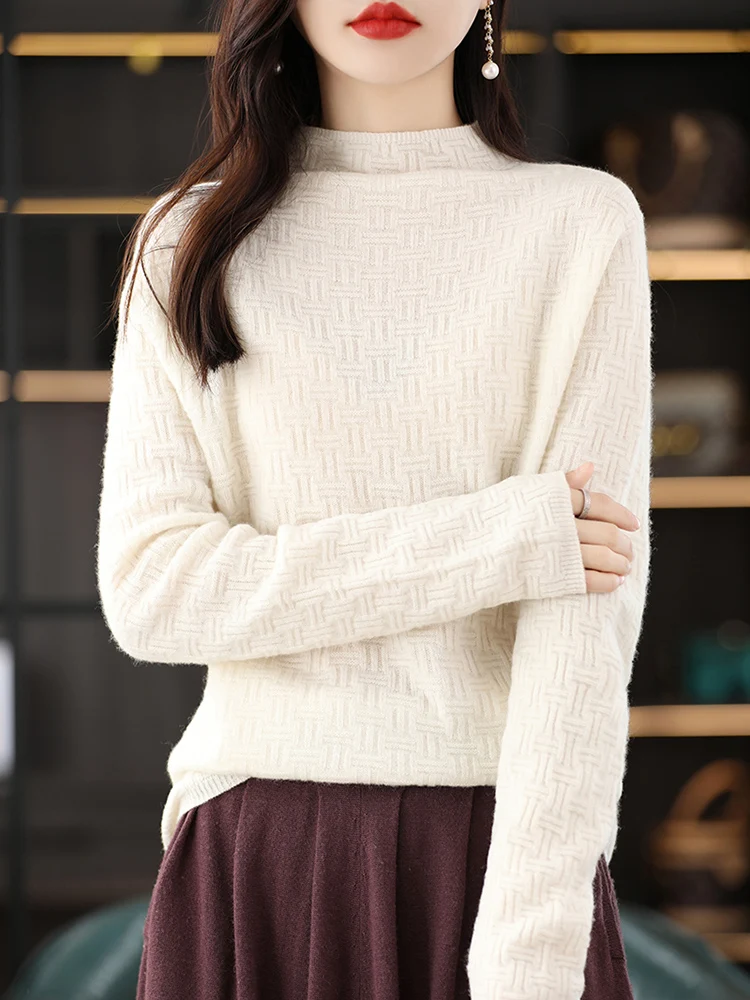 

100% pure wool 2024 autumn/winter new half high neck knitted bottom sweater for women's loose fitting pullover sweater