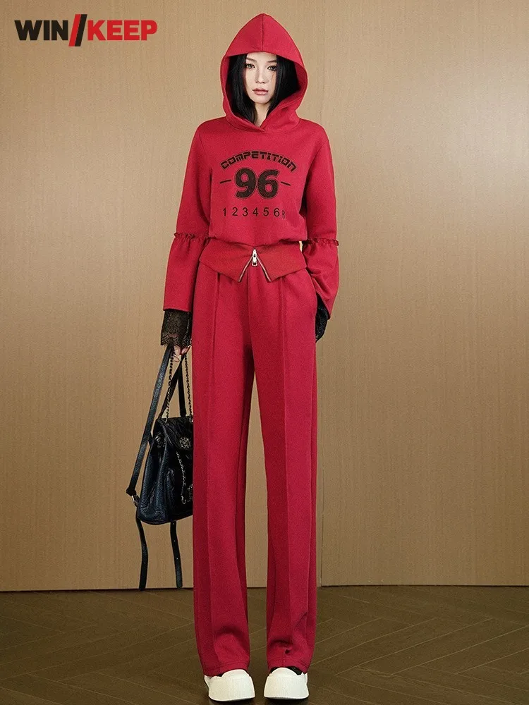 

Women Outdoor Red Short Style Running Set Two Piece Hooded Sweatshirt Top Pants Two Piece Set Training Sports Jogging Tracksuit