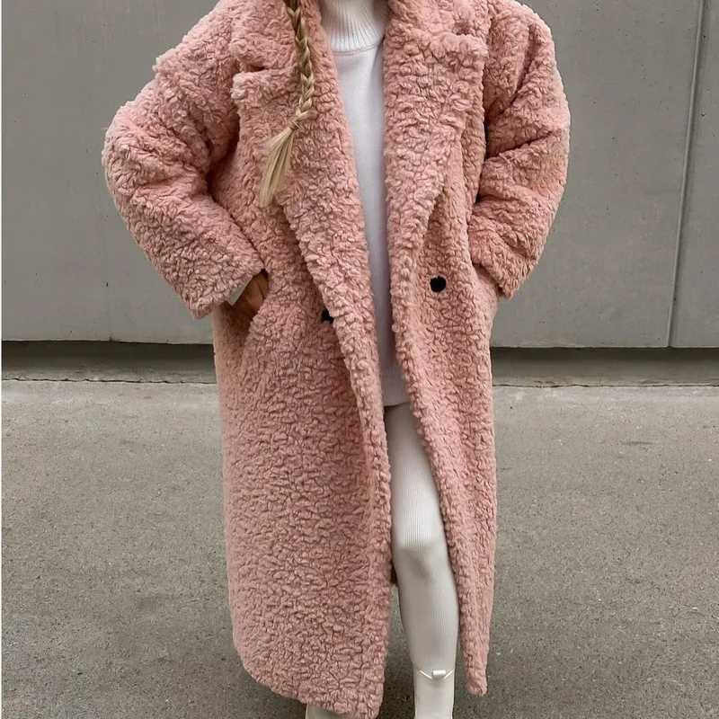 2024 Autumn Winter New Trendy Thickened Warm Women\'s Temperament Commuter Coat Long Sleeve Collar Plush Coat Women\'s Long Coat