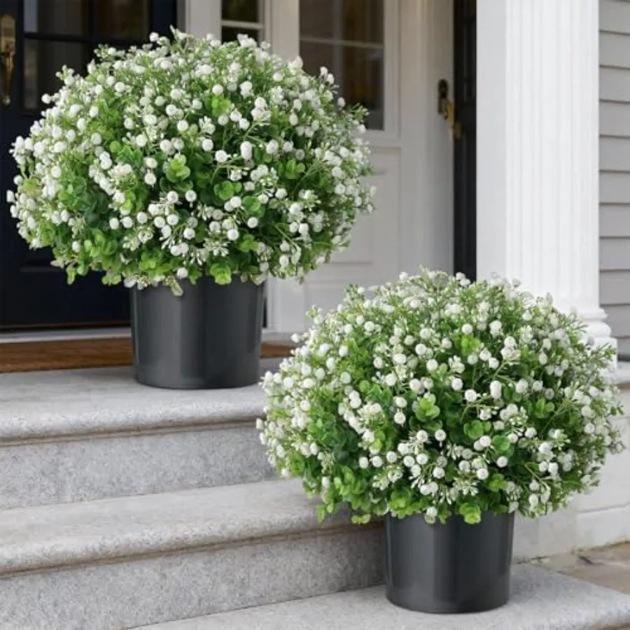 

Artificial Eucalyptus with Baby's Breath Topiary Ball Trees - 2 Set Plastic Faux Eucalyptus Plants in Pot Sun Resistant Fake Gr