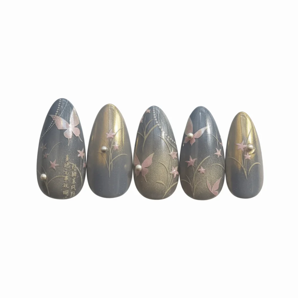 Pearl Inlay Pink Butterfly 3D Relief Nail Stickers White Flower with Rehinstone DIY Manicure Self Adhesive Decal Charm