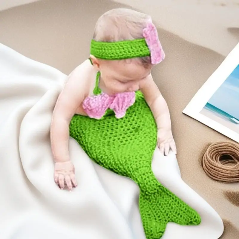 U13F الحياكة زي عذراء البحر لحديثي الولادة للراحة والسلامة في تصوير الطفل غطاء رأس قابل للتنفس مع زهرة الصدر