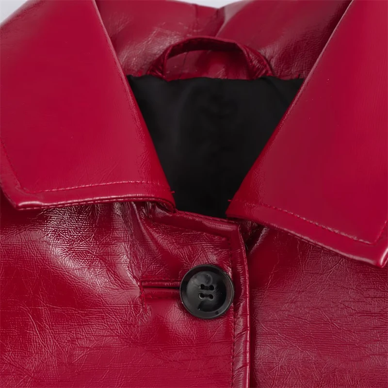 KEYANKETIAN hiver nouvelle veste en cuir artificiel rouge pour femme style Simple col rabattu simple boutonnage ample haut court Blazer