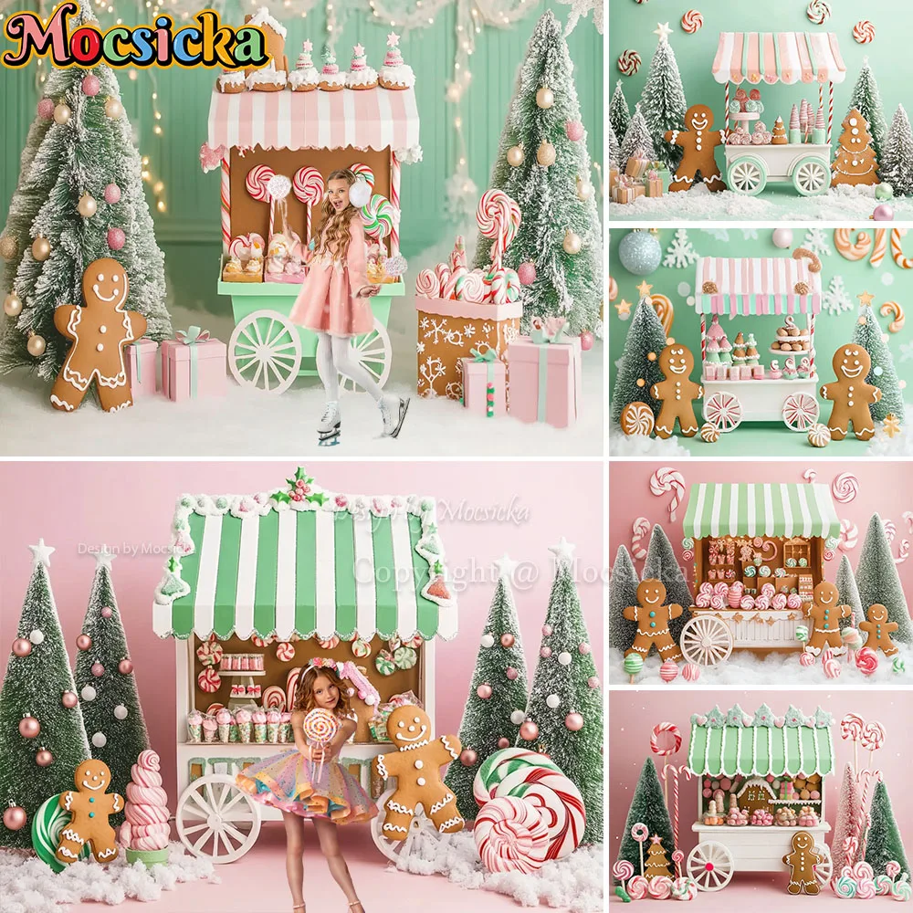 

Mocsicka Christmas Candy Cane Cart Background Photography Gingerbread Snowy Xmas Tree Green Backdrop Winter Kids Photo Studio