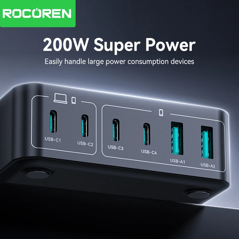 Rocoren 200W USB Type C Charger Fast Charging Desktop Charger Portable 6 Ports Power Station For iPhone 16 15 Pro Max Xiaomi 14