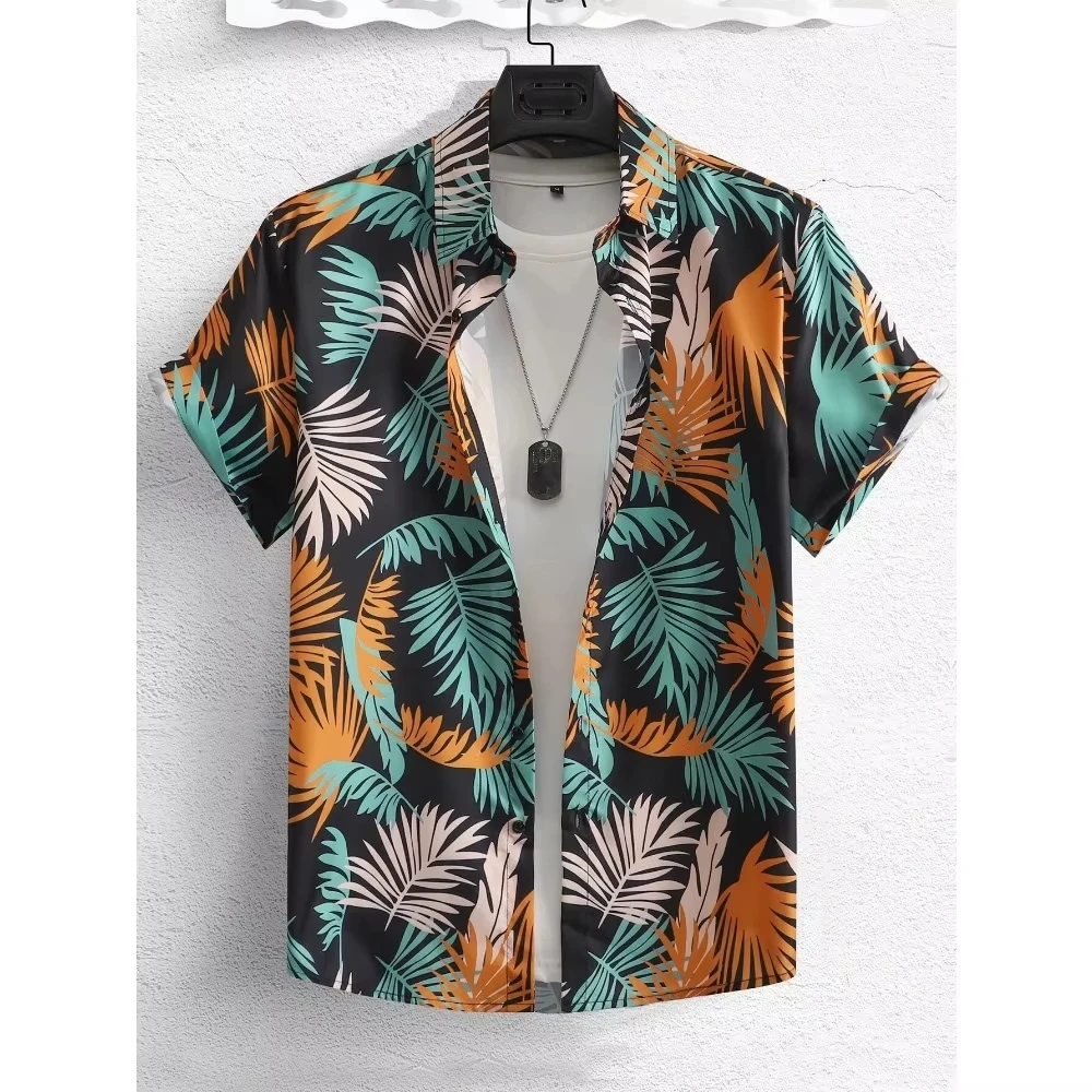 Hawaiian Shirt Palm Leaf Print Casual Lightweight Beach Slim Fit Fashionable High Quality Social Retro Loose Fit Clothing