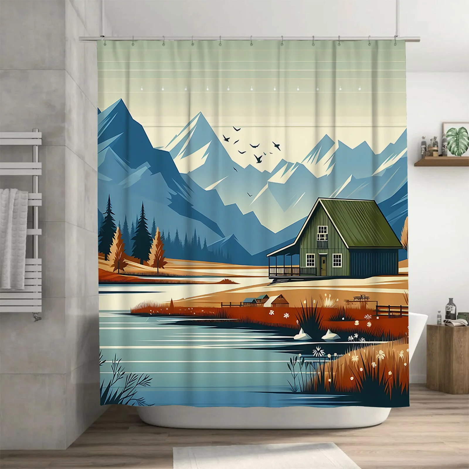 Waterproof Shower Curtain Mountain Cabin Design Enhances Bathroom Aesthetic Rustic Charm Serenity Home Decor Essential EasyClean