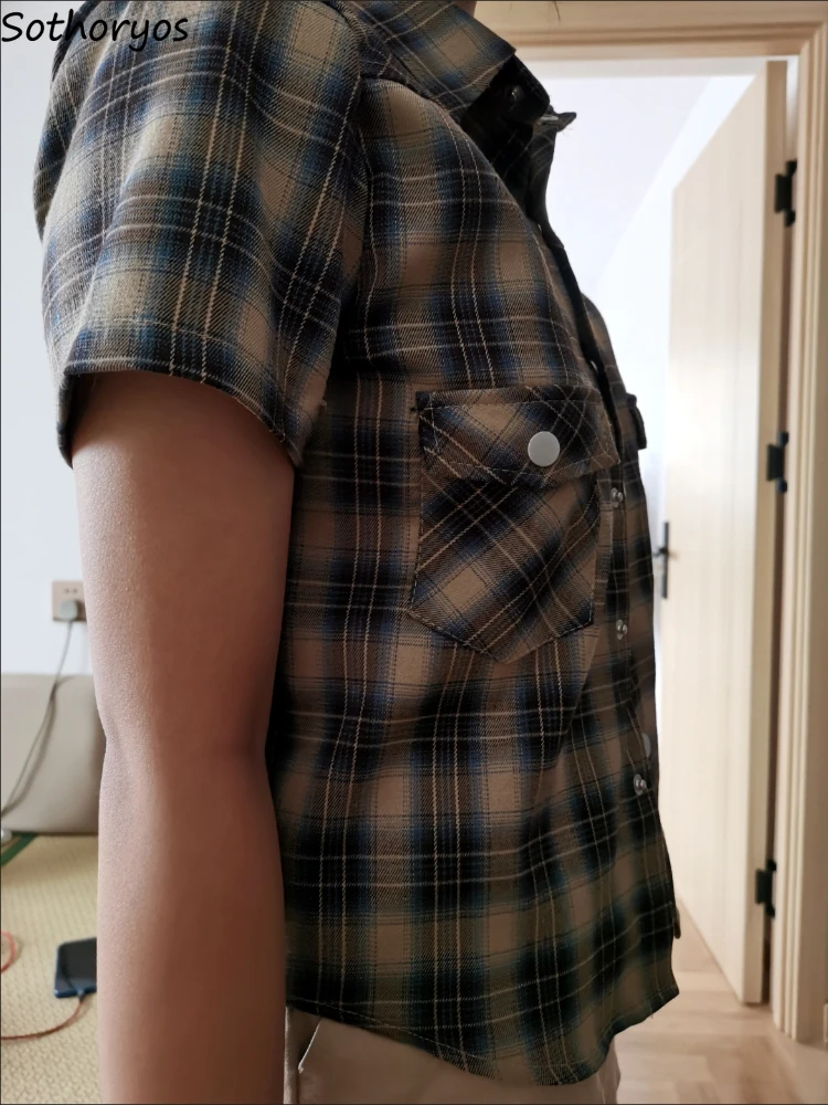 Sommer Plaid Shirts Frauen Schlank Vintage Sexy Y2k Tops Mädchen Zarte Klassische Harajuku Casual Taschen Studenten Hotsweet Outdoor Chic