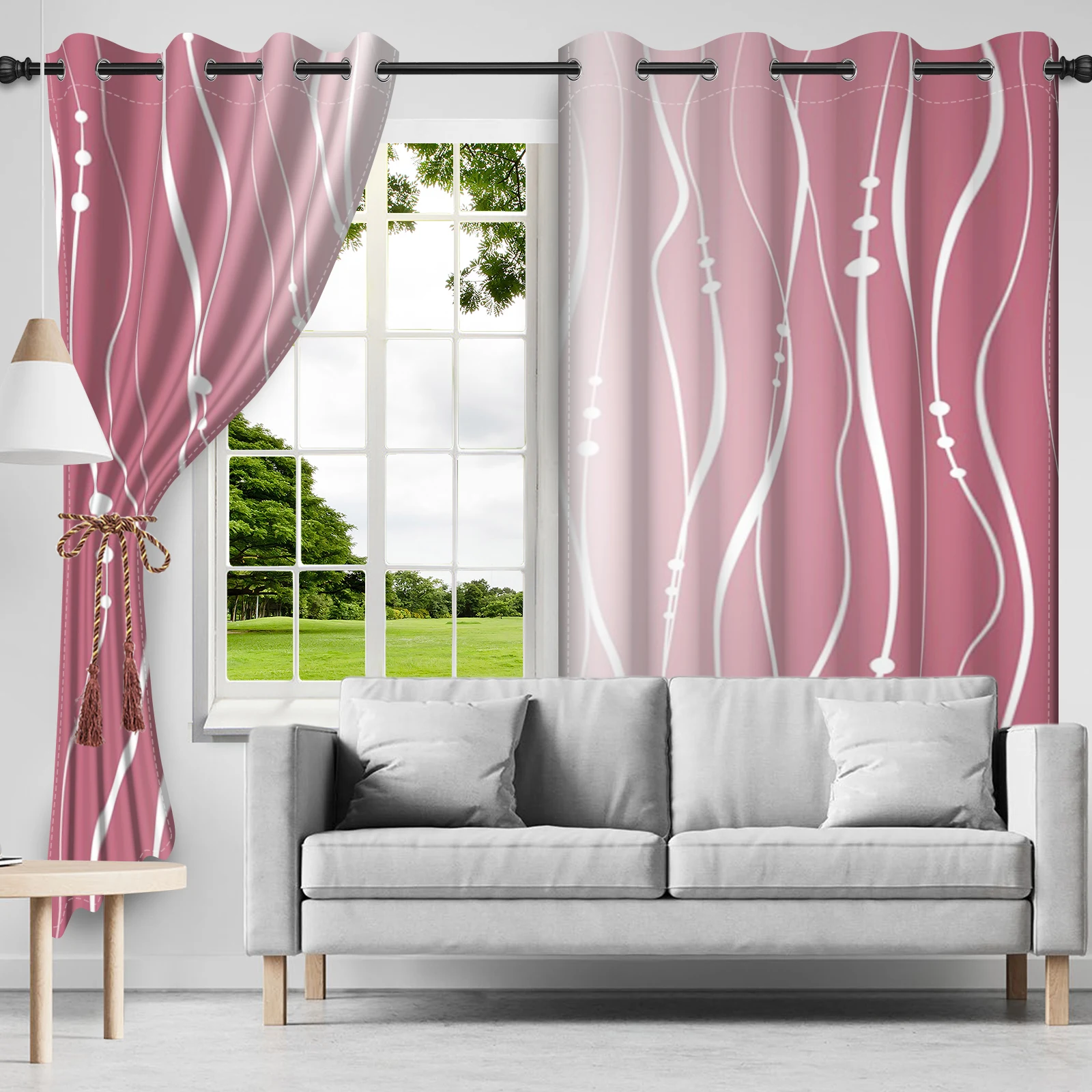 2pieces Blackout Curtains White Vertical Stripes Patterned Color Gradient Polyester the Suitable Bedroom Living Room Curtains