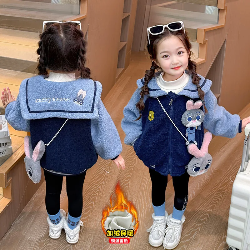 

Новое бархатное пальто с рисунком Джуди Хопса, осень-зима для девочек, 2026, милое детское модное утепленное зимнее плюшевое пальто с кроликом Диснея