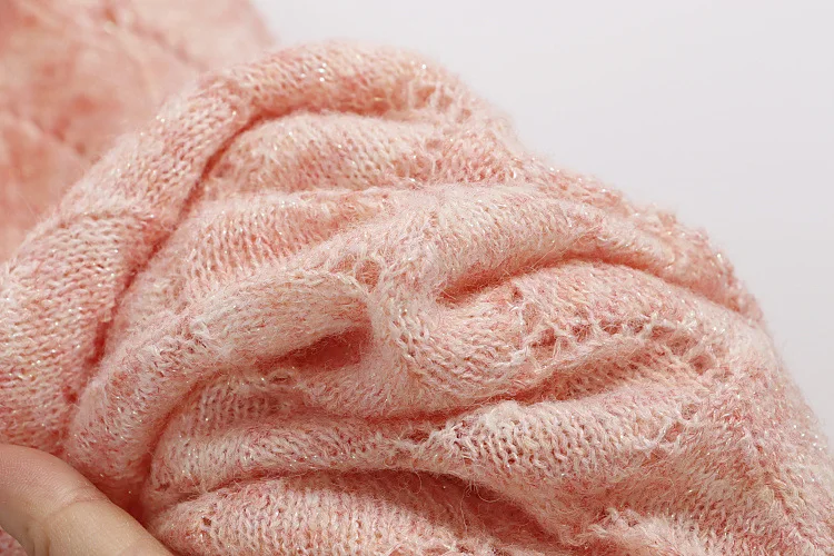 Roze gebreide maxi-jurk voor dames, hals met bloemkraag, lange uitlopende mouwen, lente-herfstjurken, gebreide jurk met opengewerkte golfpatroon